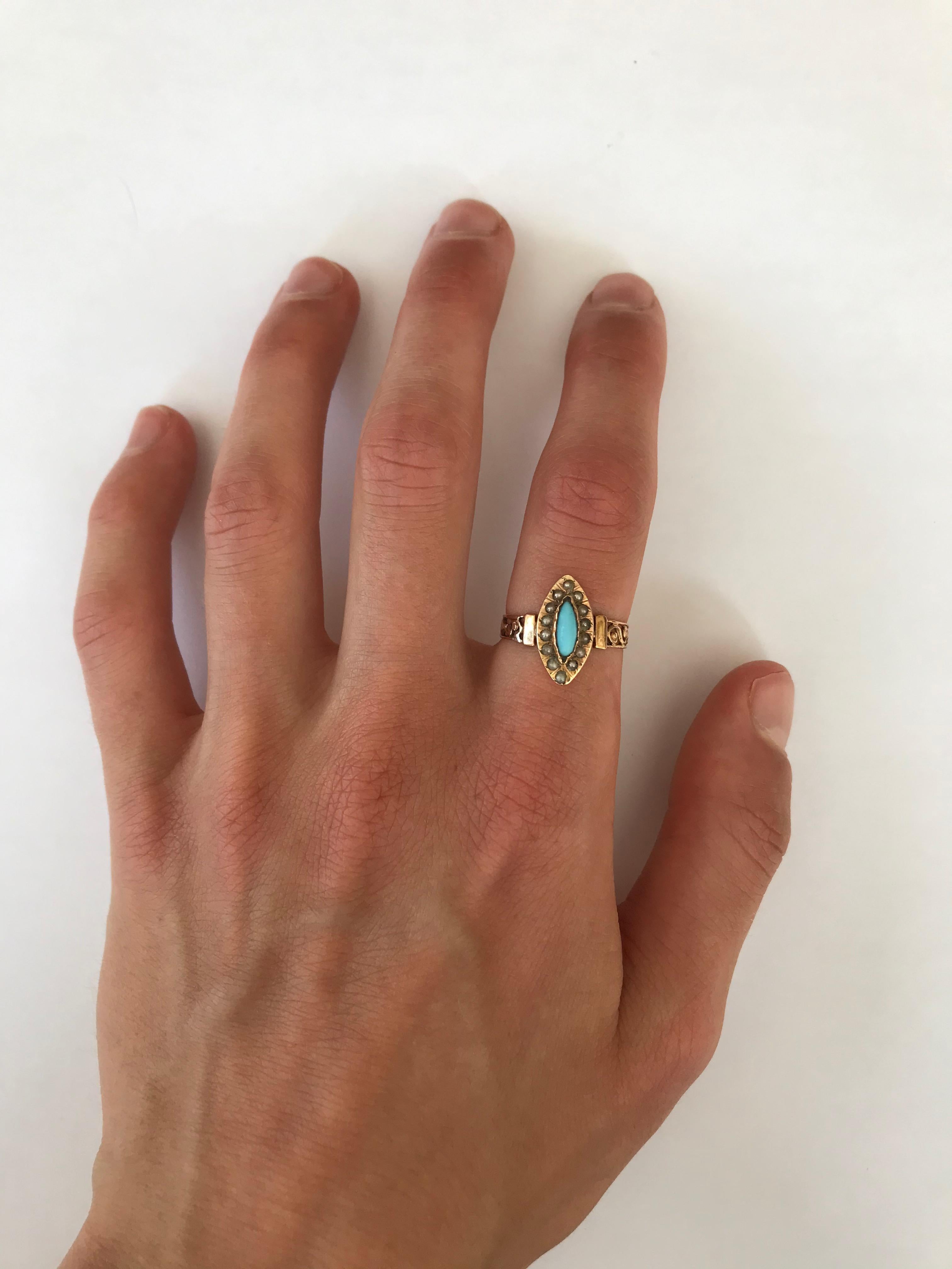 French Turquoise 18k Gold and Pearl Ring, 19th Century 4
