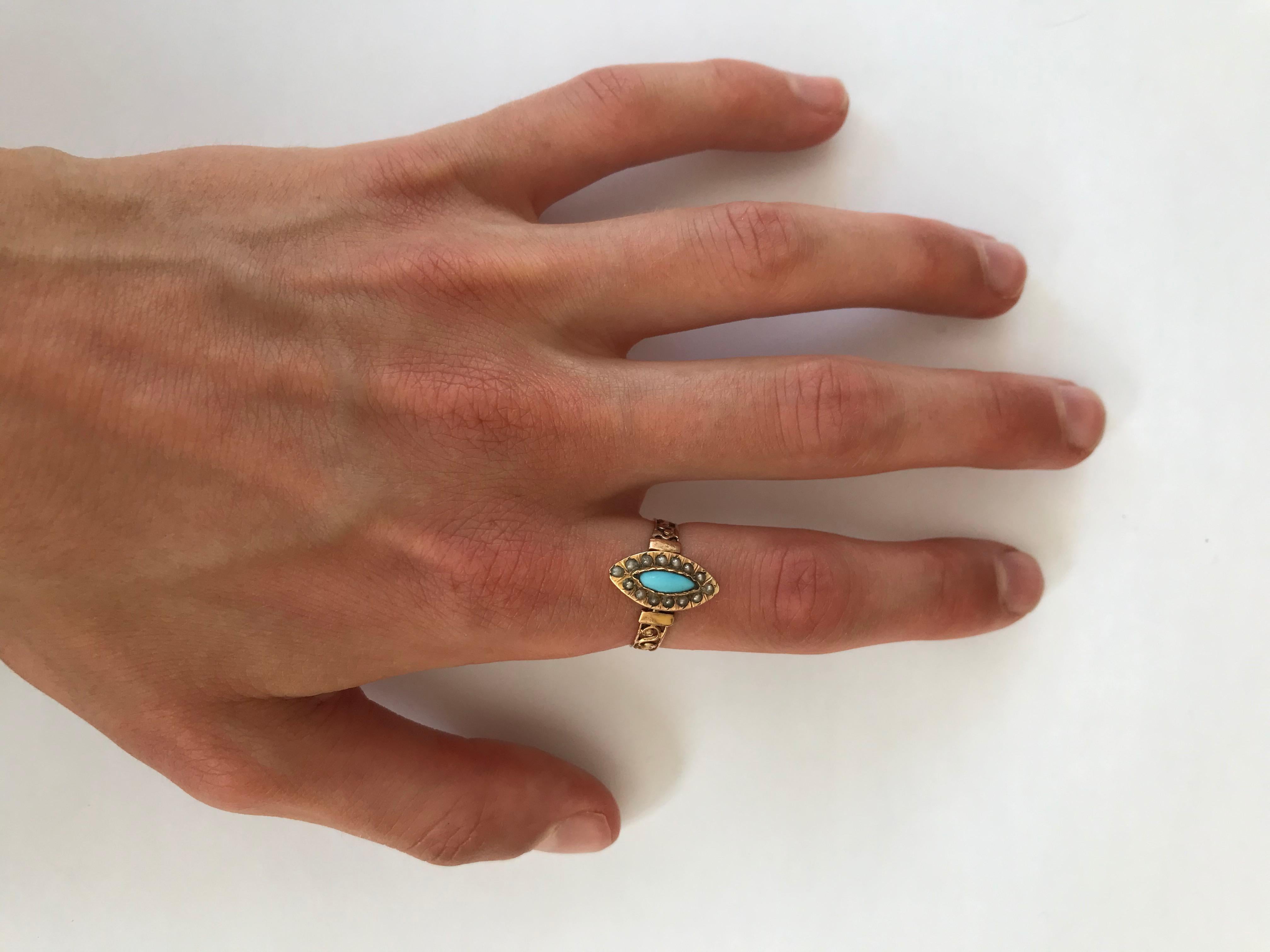 French Turquoise 18k Gold and Pearl Ring, 19th Century 3