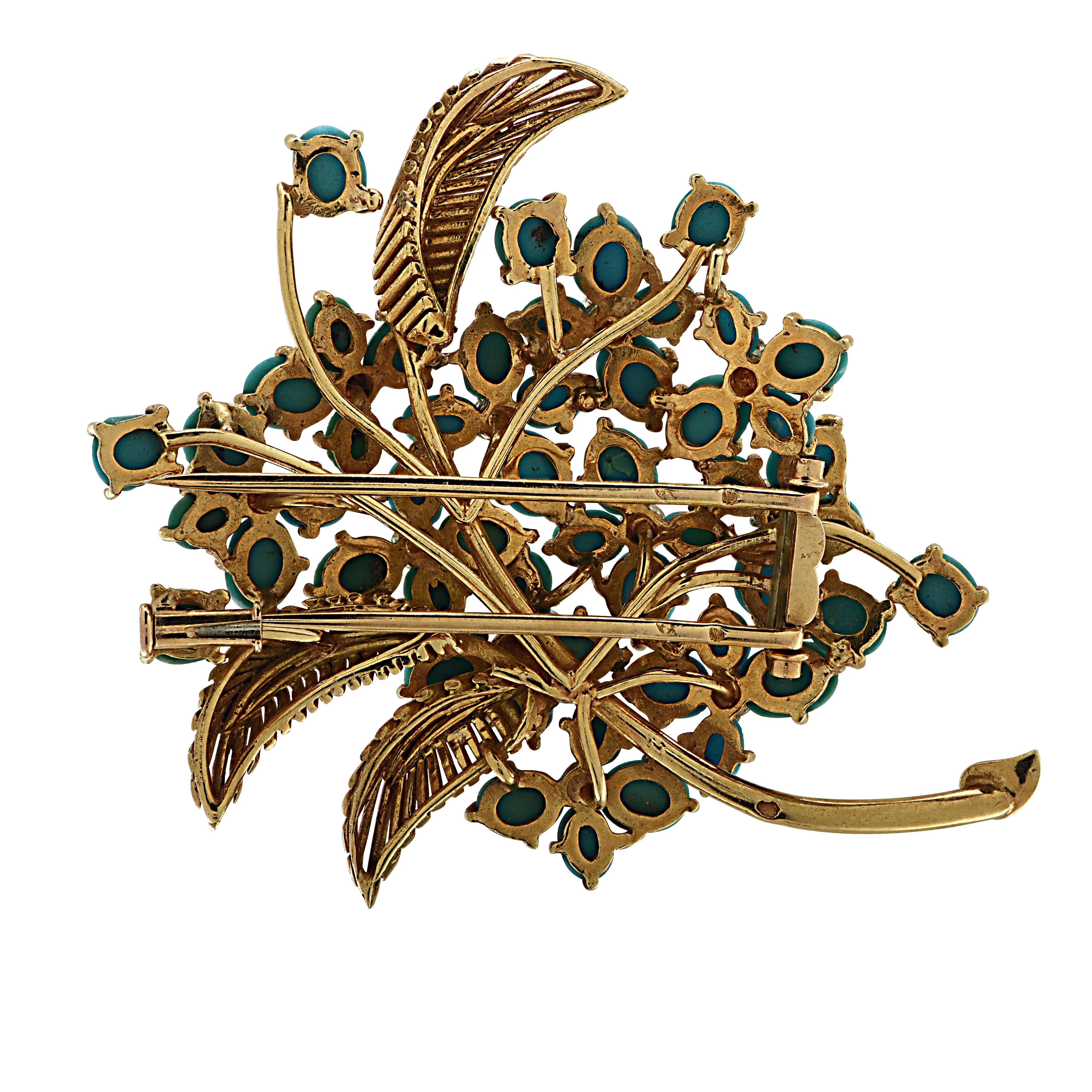 Modern French Turquoise and Diamond Yellow Gold Brooch Pin