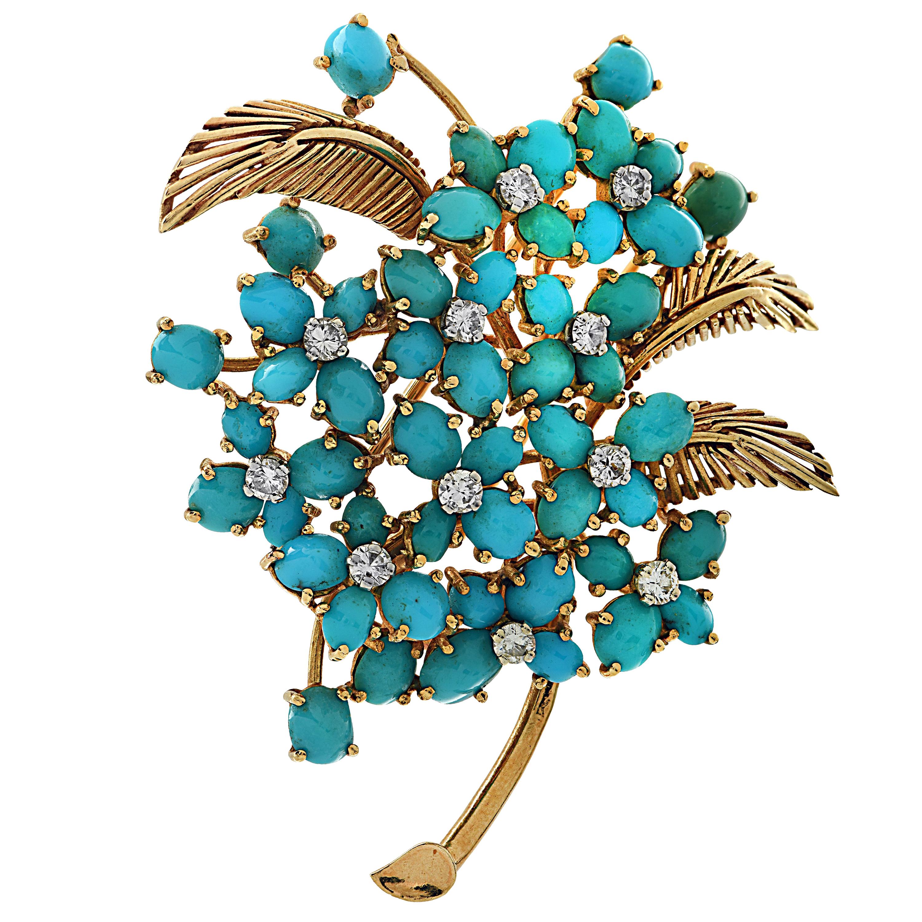 French Turquoise and Diamond Yellow Gold Brooch Pin