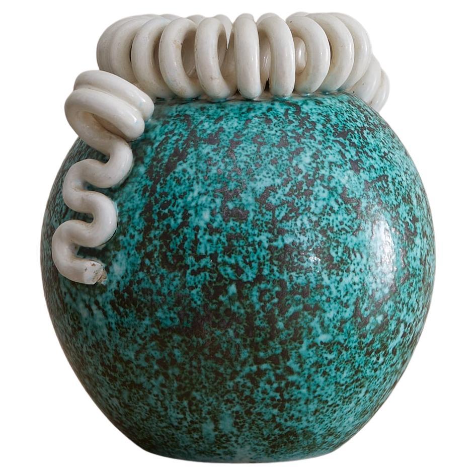 French Turquoise Ceramic Vase by Gustave Asch, 1940s