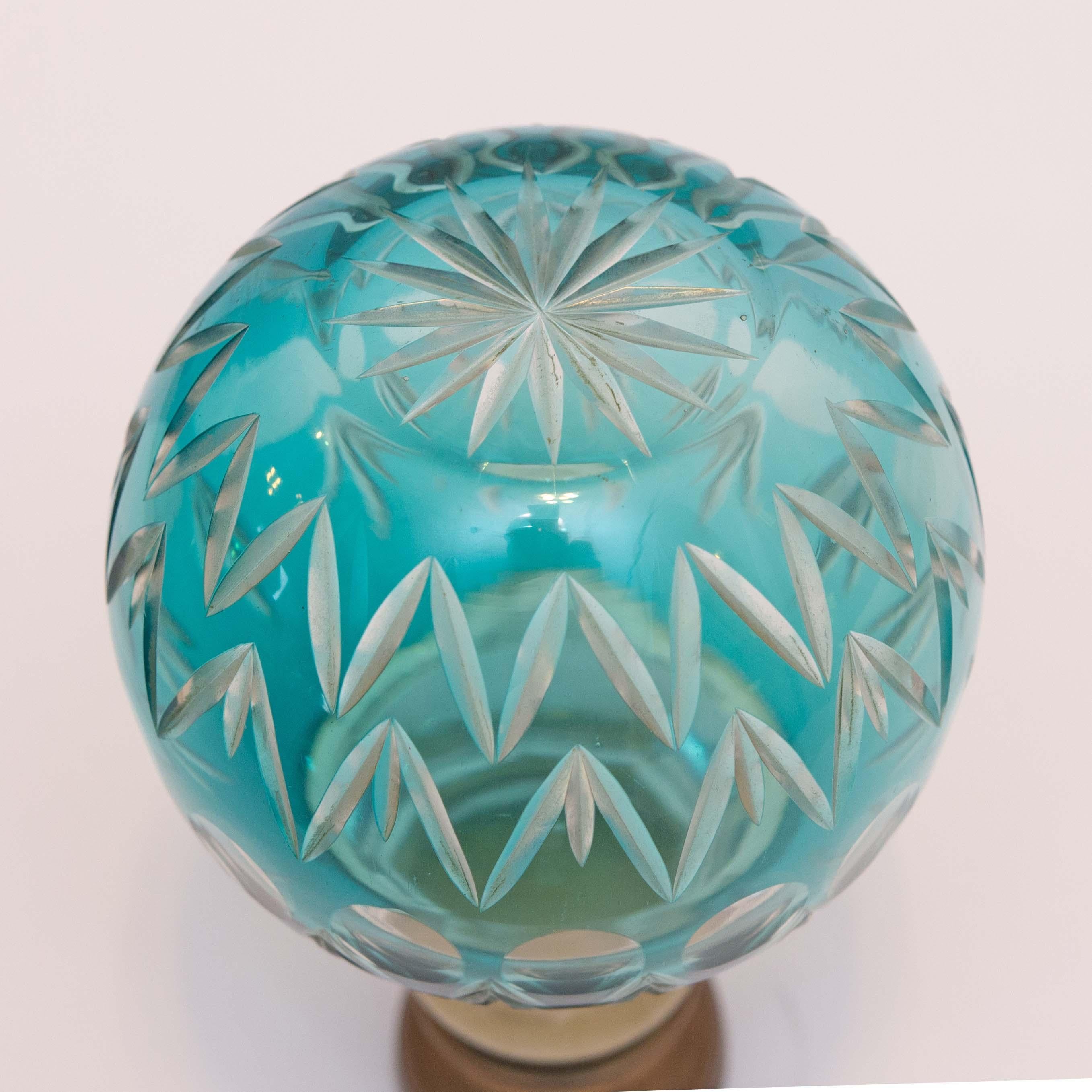 Large turquoise cut glass newel post finial. French. Early 20th century. From an estate collection.