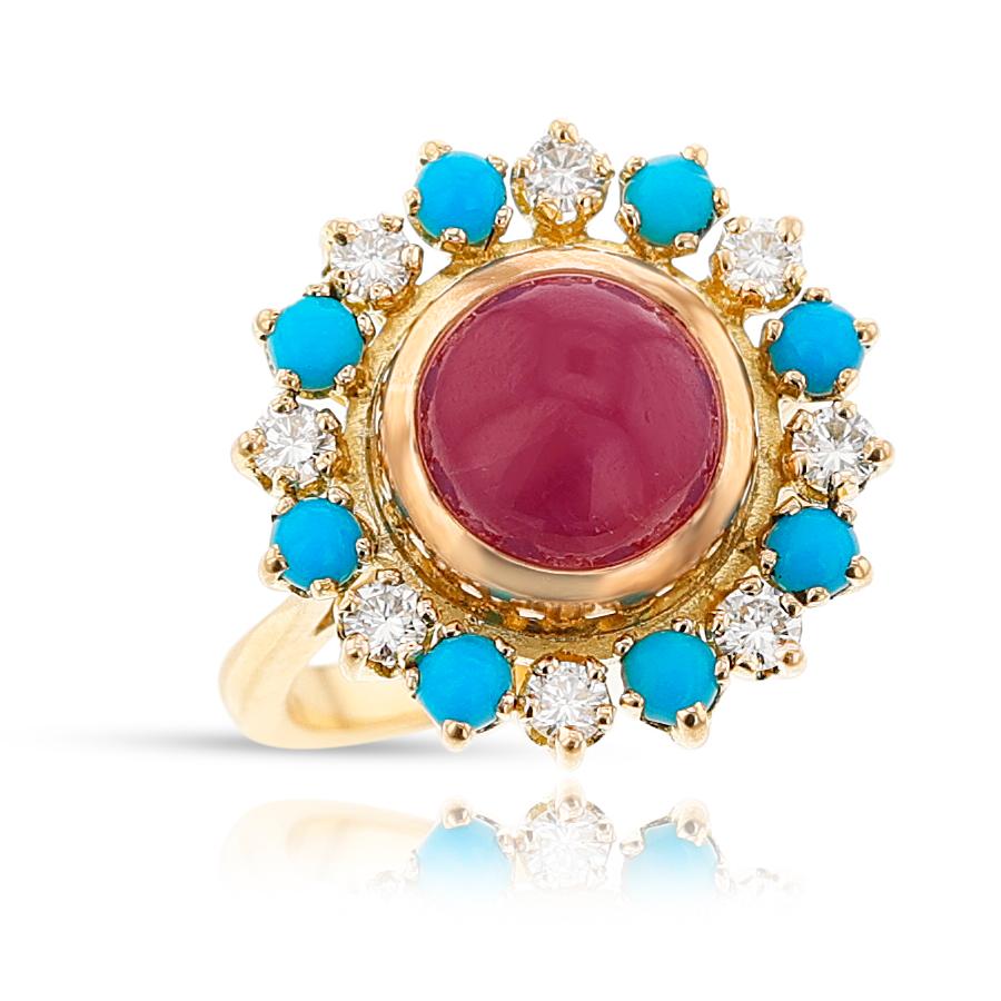 Französischer Türkis-, Diamant- und Rubinring, 18k (Rundschliff) im Angebot