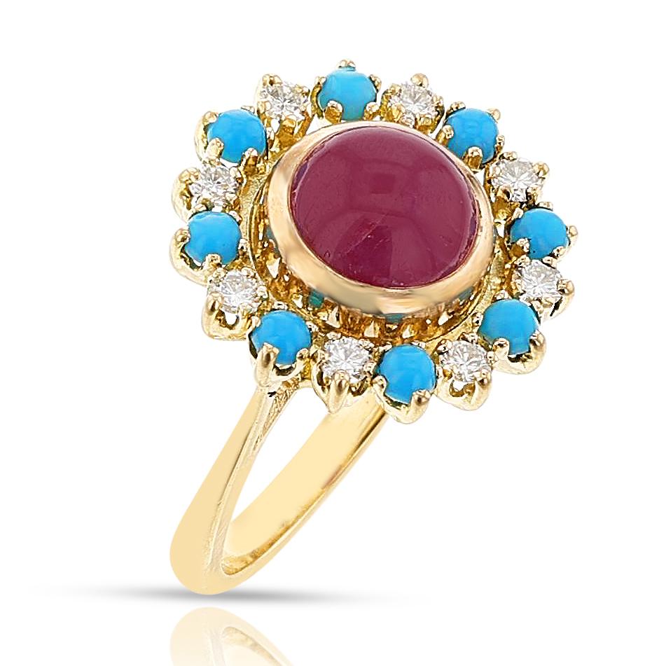Französischer Türkis-, Diamant- und Rubinring, 18k im Zustand „Hervorragend“ im Angebot in New York, NY