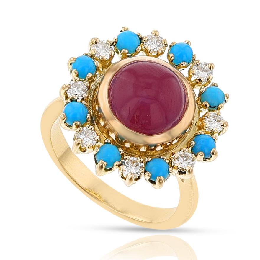 Französischer Türkis-, Diamant- und Rubinring, 18k für Damen oder Herren im Angebot