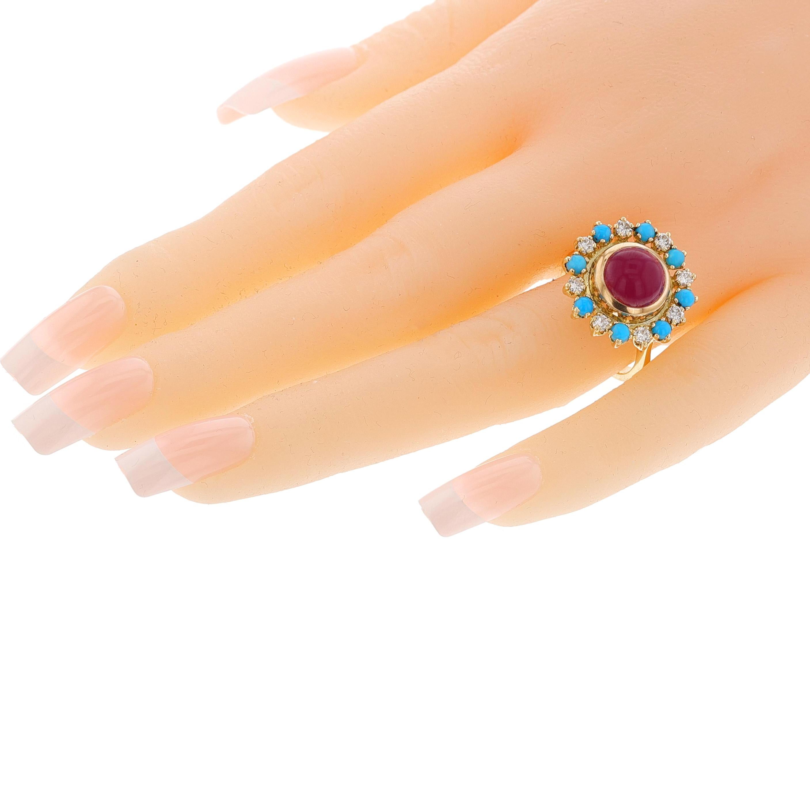 Französischer Türkis-, Diamant- und Rubinring, 18k im Angebot 1