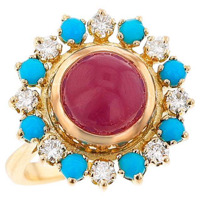 French Turquoise, Diamond and Ruby Ring, 18k