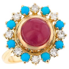 Bague française en turquoise, diamant et rubis, 18 carats