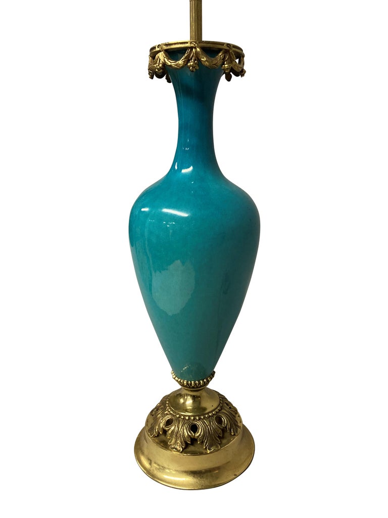 French Turquoise Glazed Porcelain and Gilt Mounted Lamp For Sale at 1stDibs