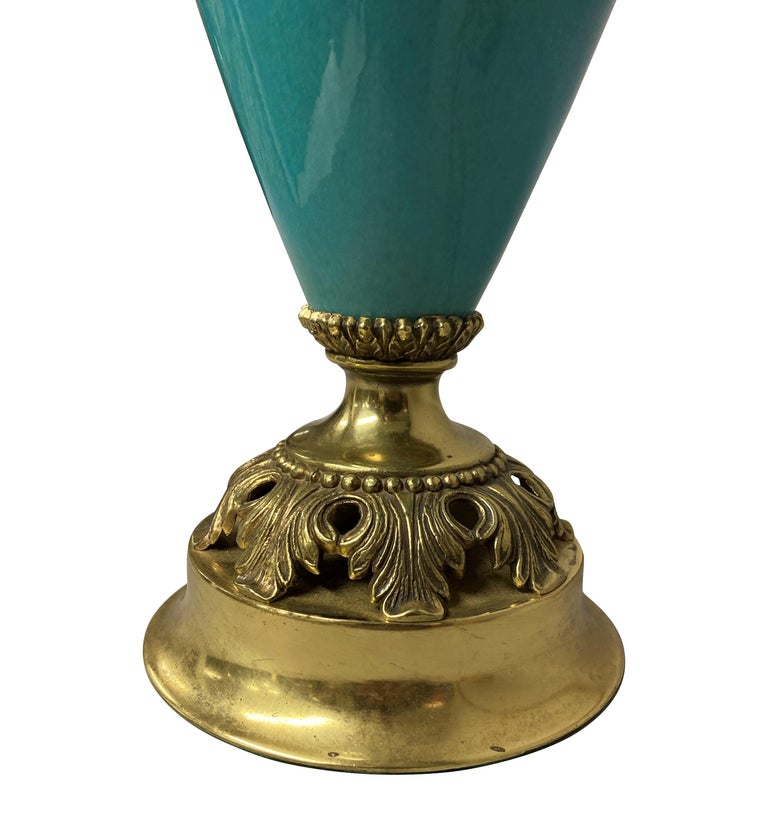 French Turquoise Glazed Porcelain and Gilt Mounted Lamp For Sale at 1stDibs