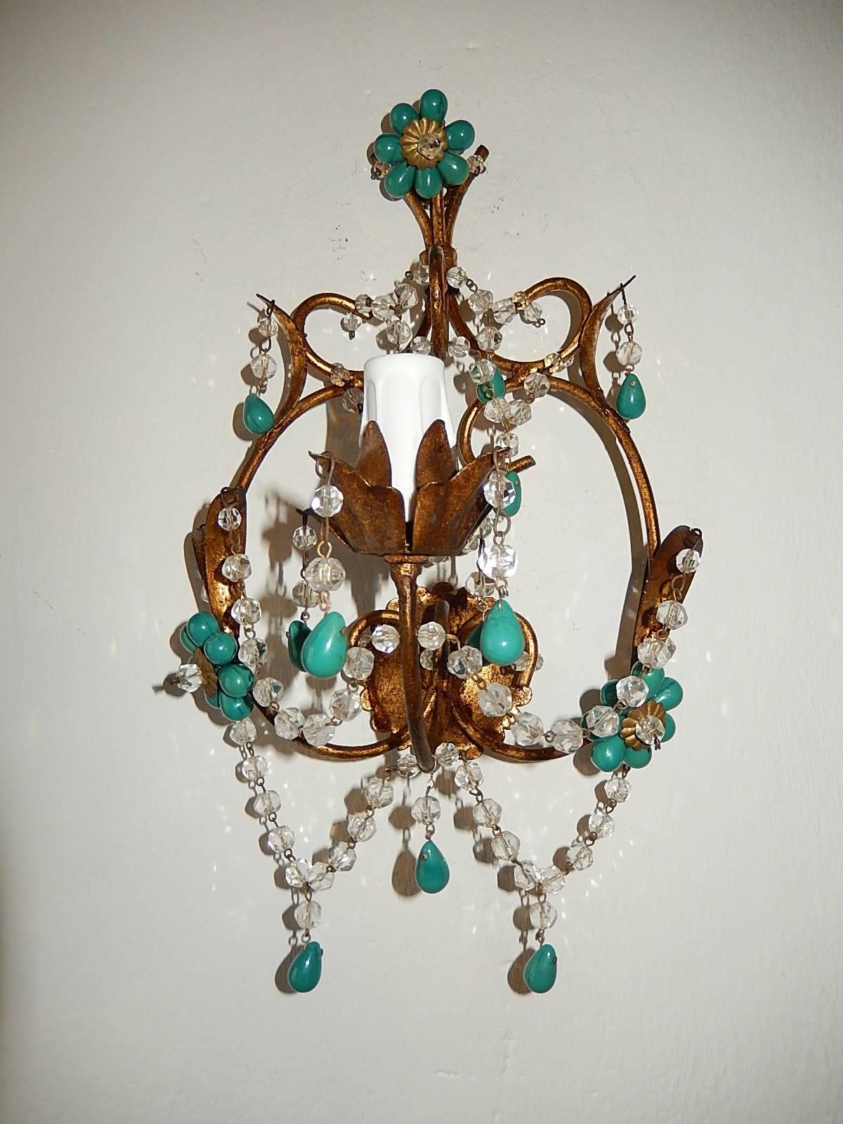 French Turquoise Green Murano Beads Rock Crystal Swags Sconces 5