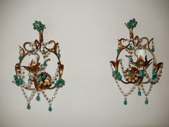 French Turquoise Green Murano Beads Rock Crystal Swags Sconces
