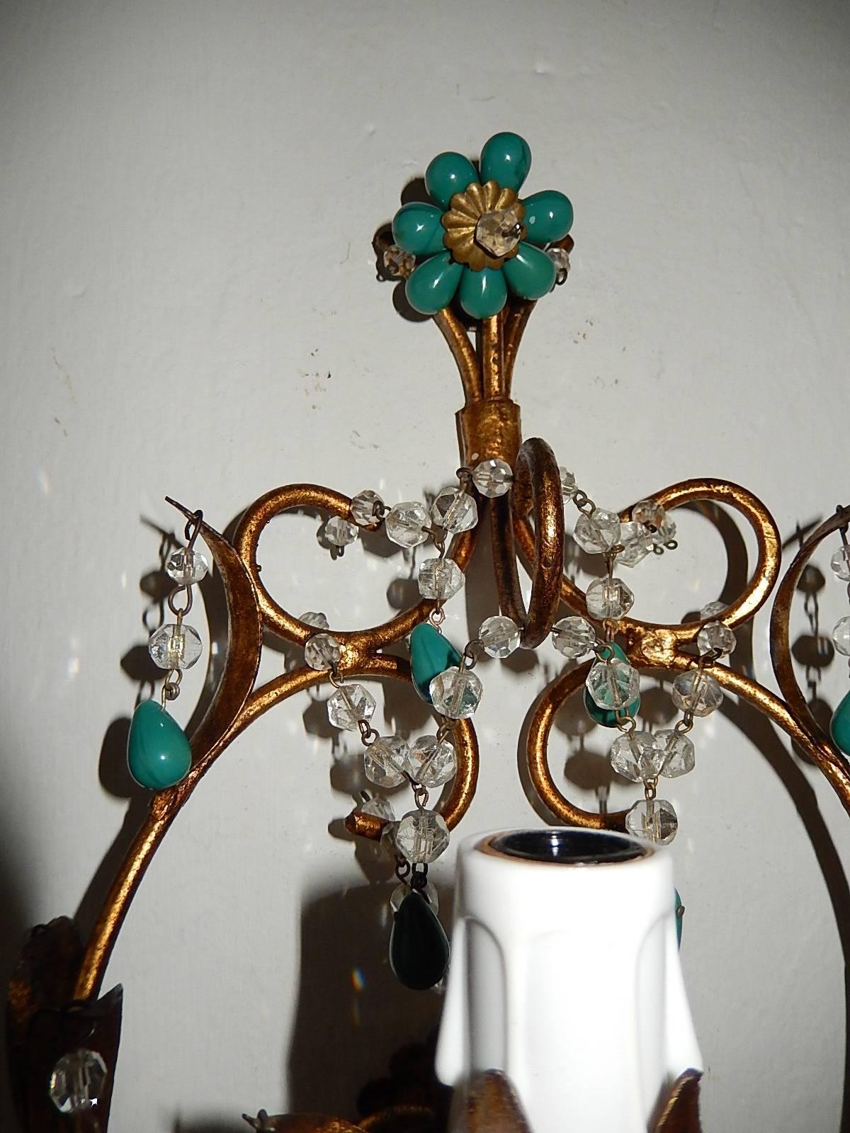 Early 20th Century French Turquoise Green Murano Beads Rock Crystal Swags Sconces