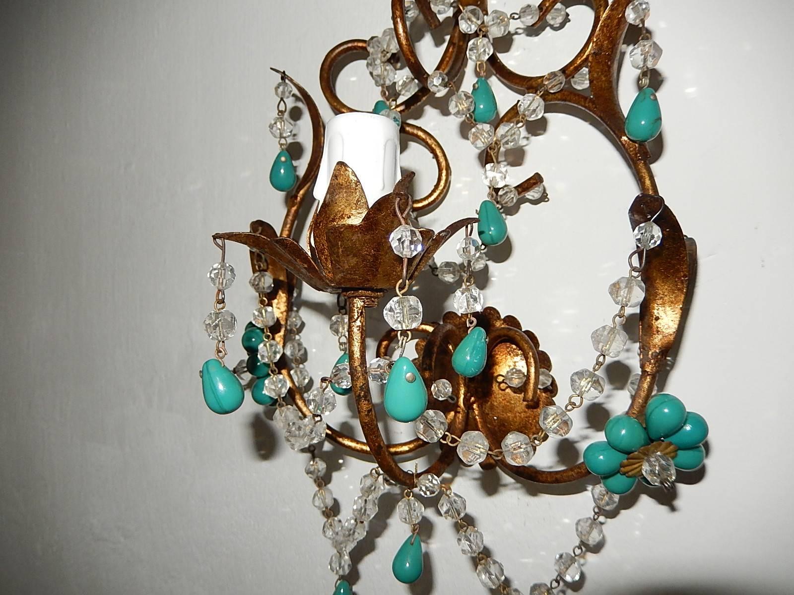 French Turquoise Green Murano Beads Rock Crystal Swags Sconces 1