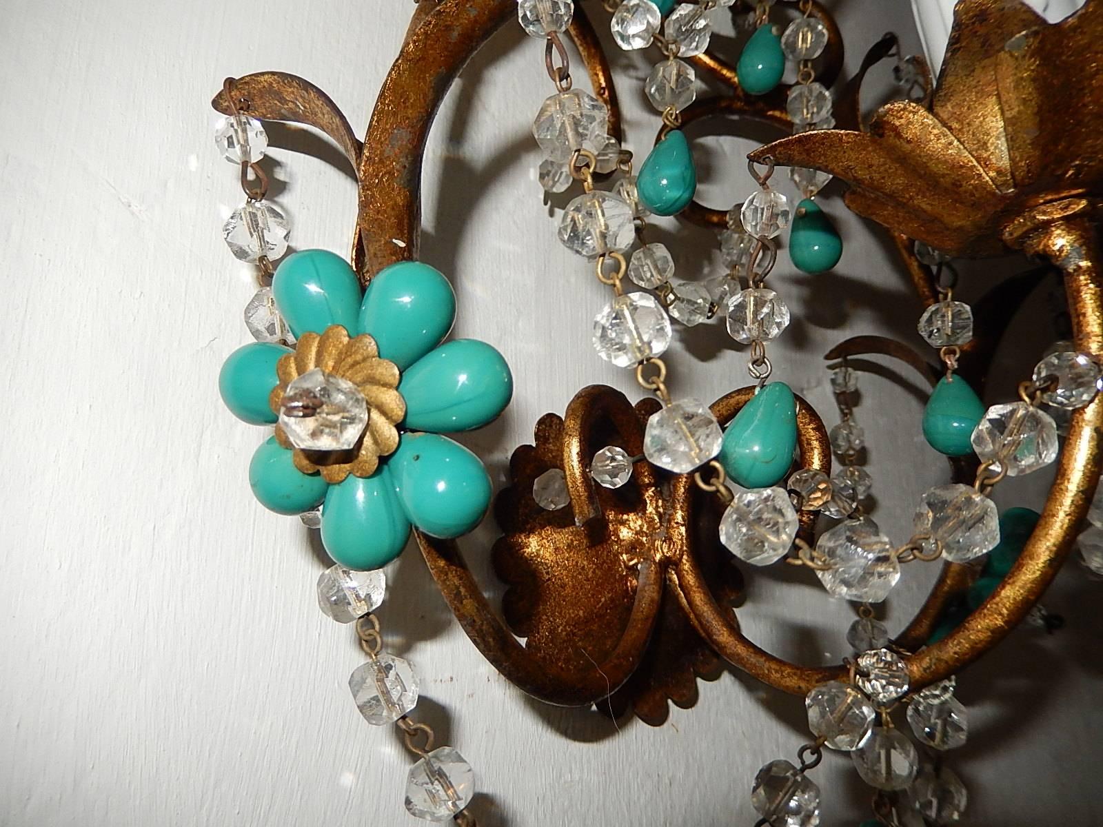 French Turquoise Green Murano Beads Rock Crystal Swags Sconces 3