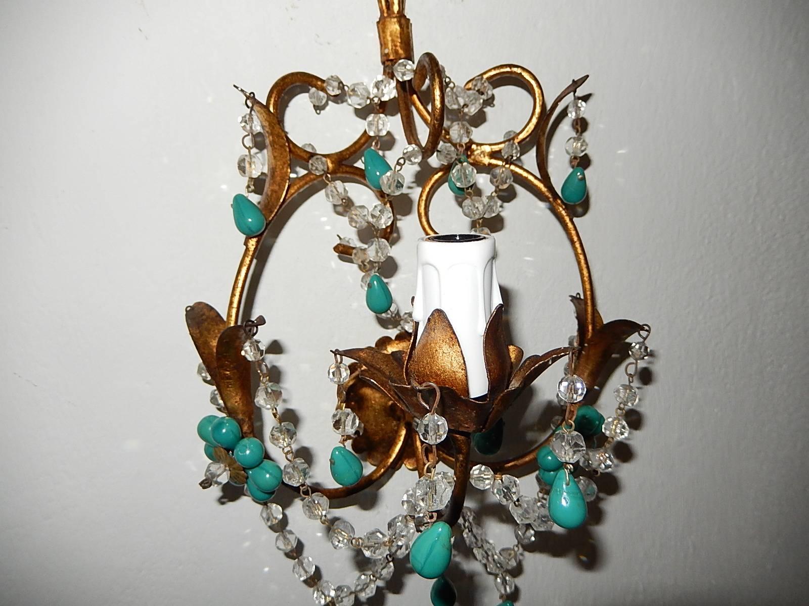 French Turquoise Green Murano Beads Rock Crystal Swags Sconces 4