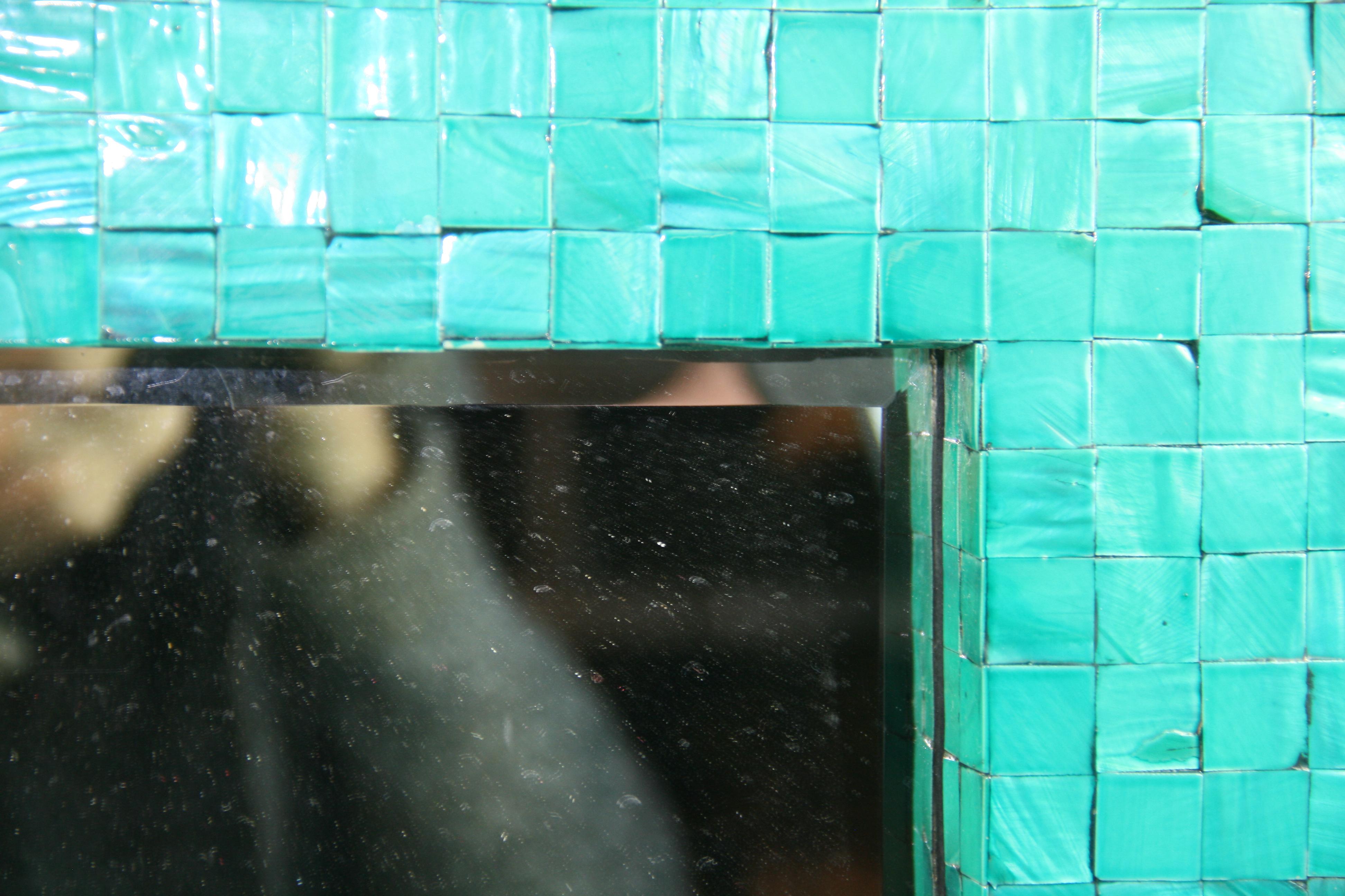 French Turquoise Green Tiled Beveled Glass Mirror 1970's For Sale 4