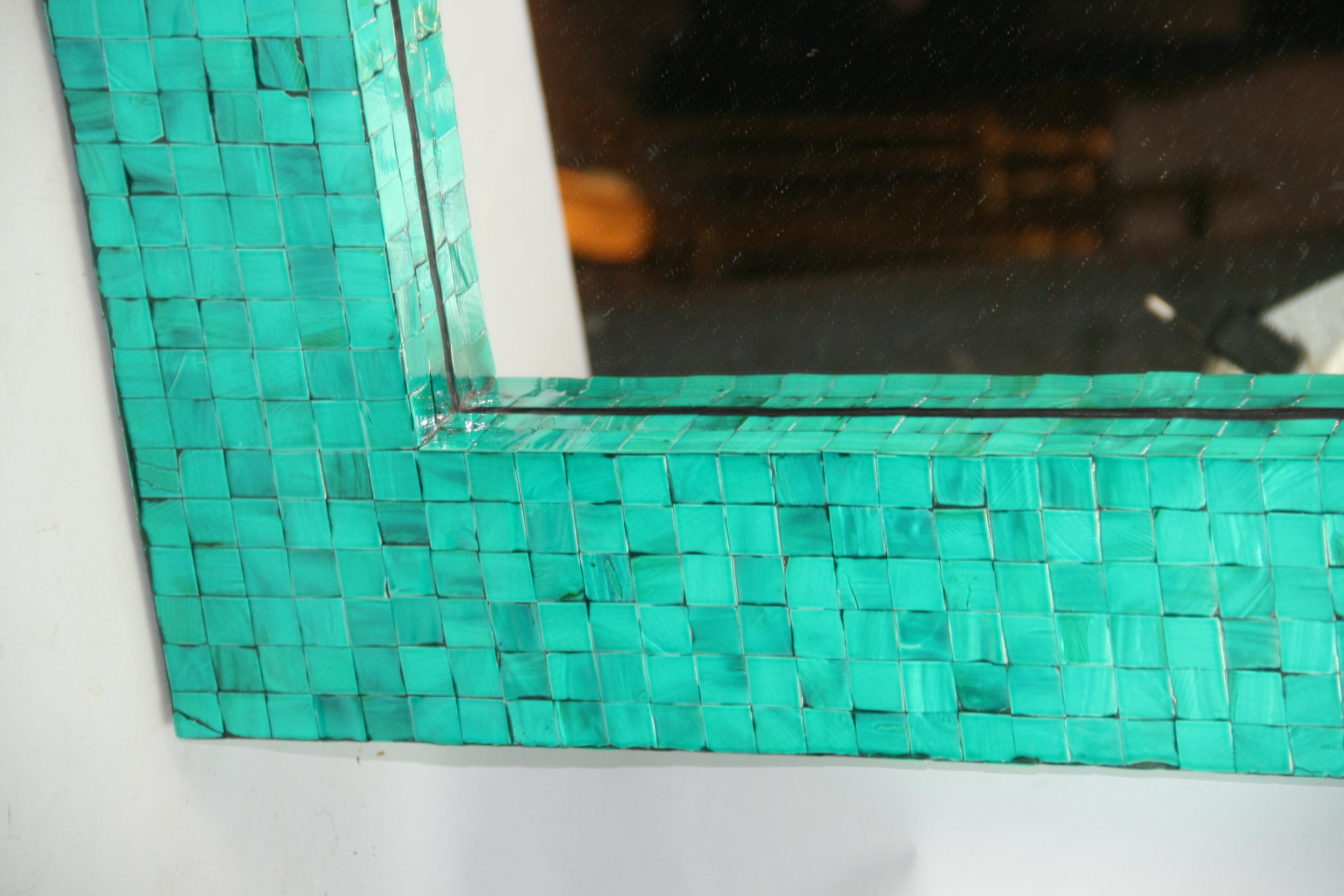 French Turquoise Green Tiled Beveled Glass Mirror 1970's For Sale 1