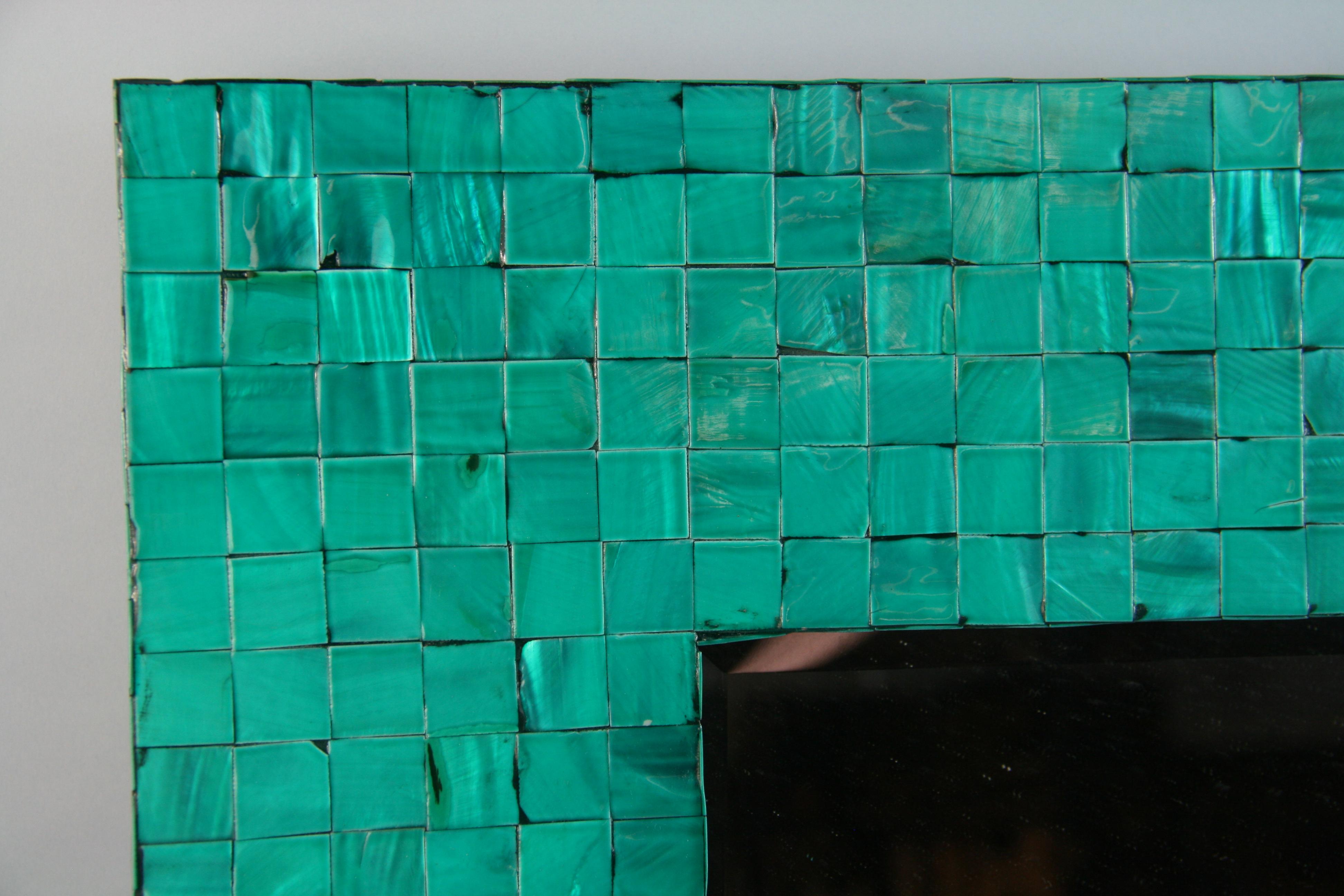 French Turquoise Green Tiled Beveled Glass Mirror 1970's For Sale 2