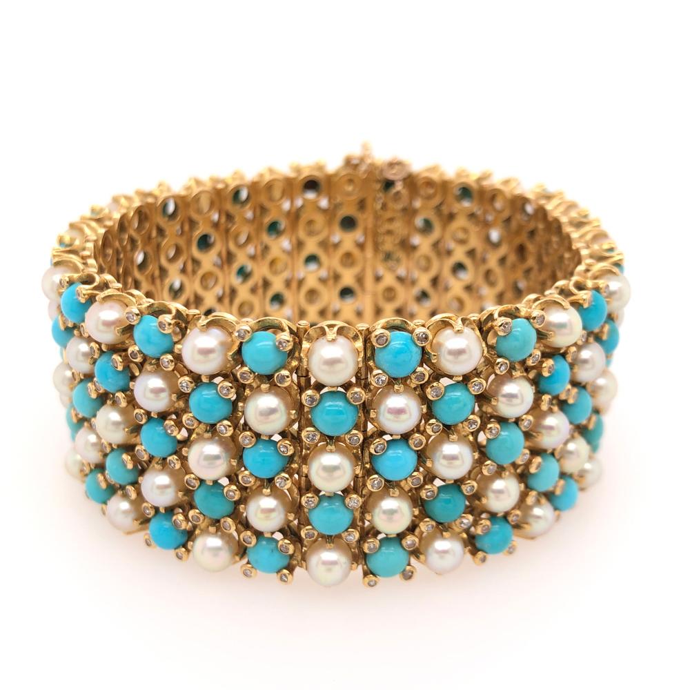 Vintage French 18 karat yellow gold gate bracelet, beautifully designed with a pattern of turquoise, pearls, and diamonds. 

Size: 6 3/4 inches