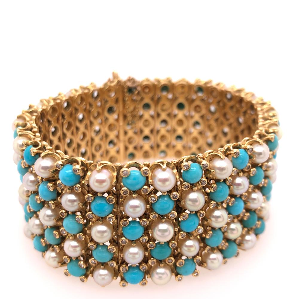 Romantic French Turquoise Pearl Diamond Yellow Gold Gate Bracelet