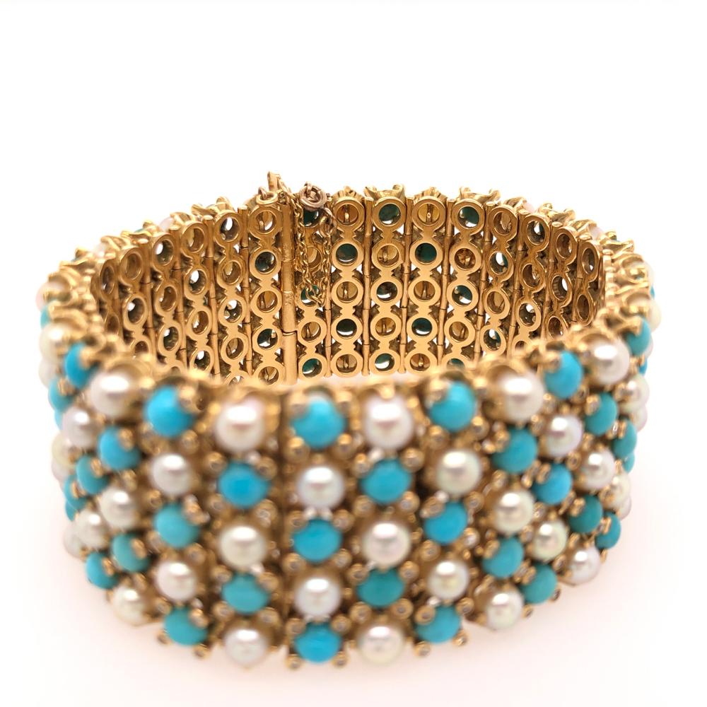 French Turquoise Pearl Diamond Yellow Gold Gate Bracelet In New Condition In Dallas, TX