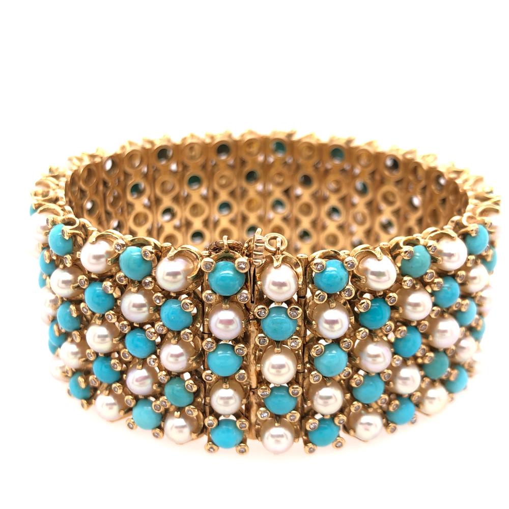 Women's French Turquoise Pearl Diamond Yellow Gold Gate Bracelet