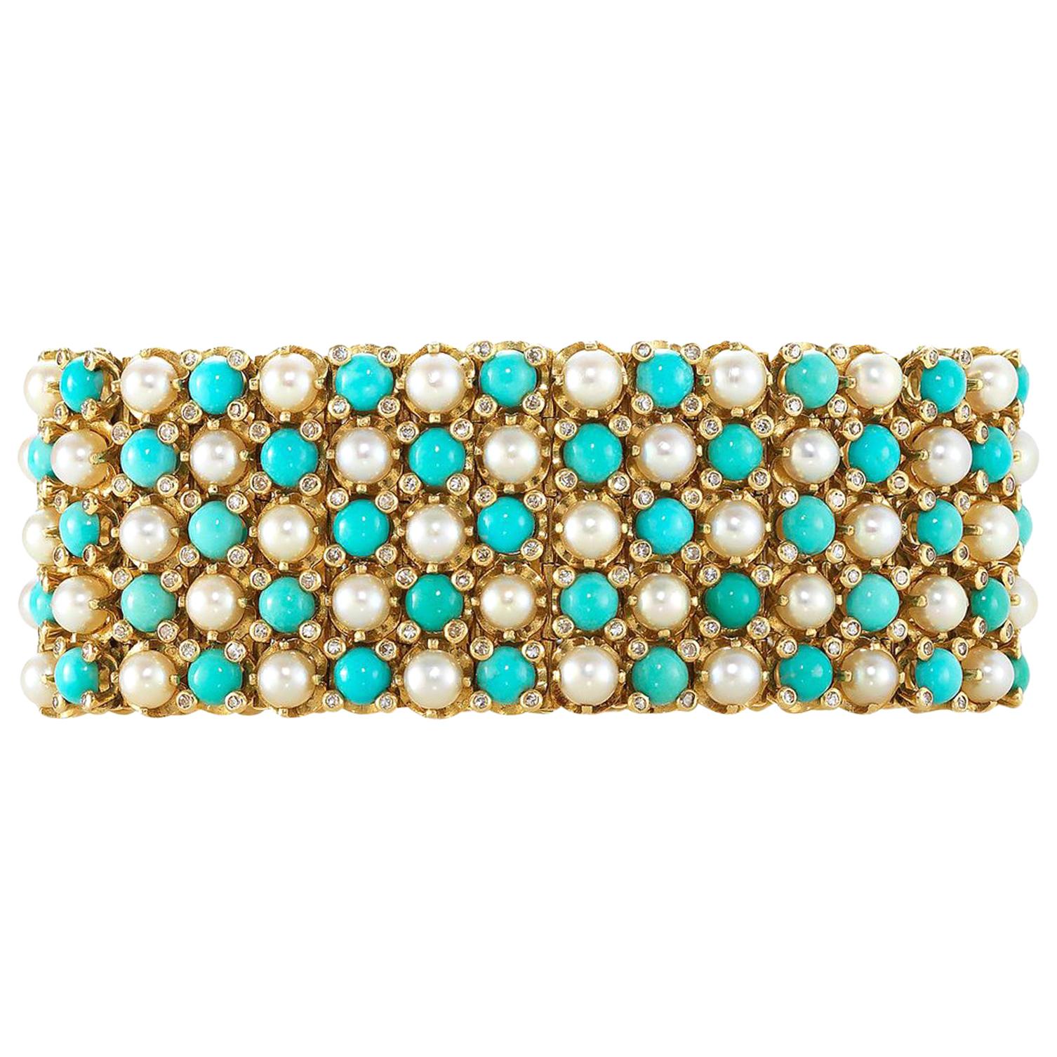 French Turquoise Pearl Diamond Yellow Gold Gate Bracelet