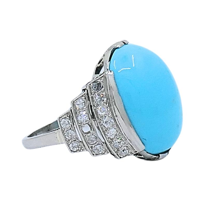 Cabochon Anello di turchese francese con diamante in oro bianco 18 carati in vendita