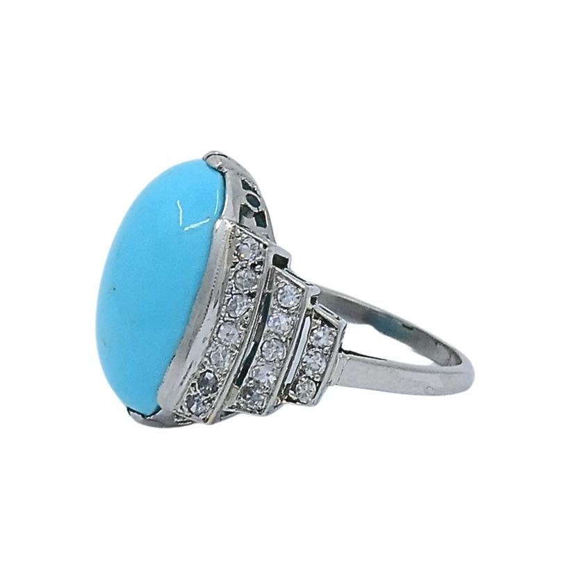 Anello di turchese francese con diamante in oro bianco 18 carati In condizioni discrete in vendita a Beverly Hills, CA