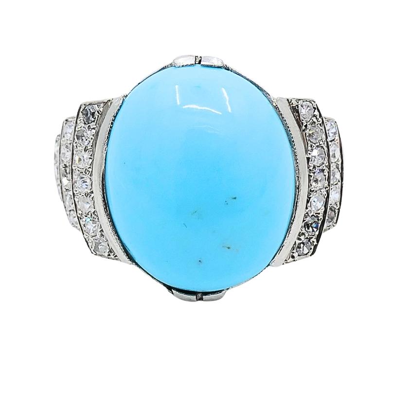 Anello di turchese francese con diamante in oro bianco 18 carati in vendita 1
