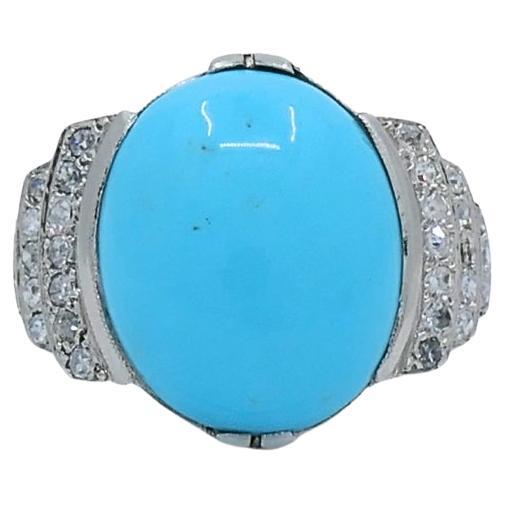 Anello di turchese francese con diamante in oro bianco 18 carati