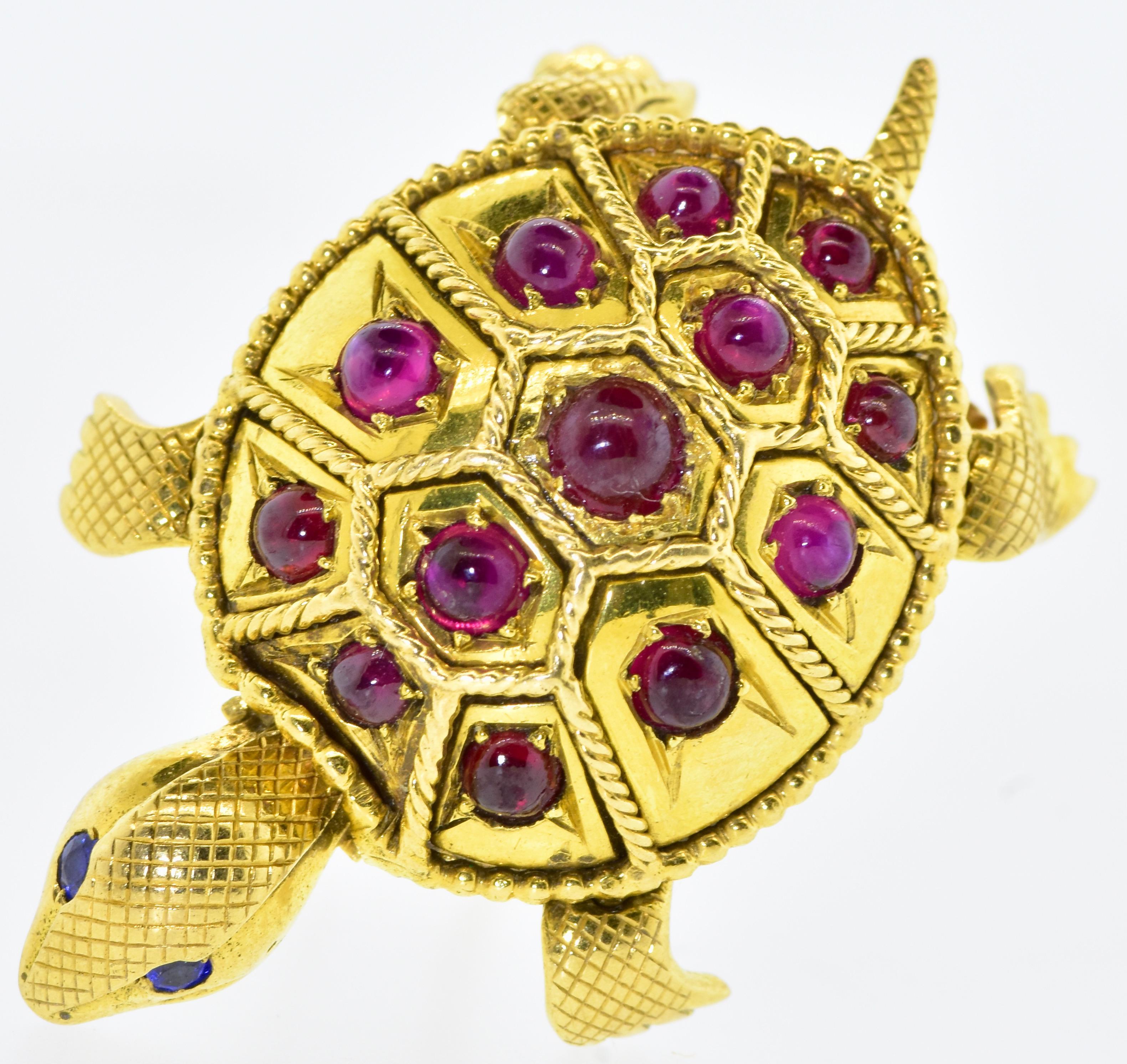 French Turtle with Burma Ruby & 18K Yellow Gold Double Clip Brooch, C. 1950 6