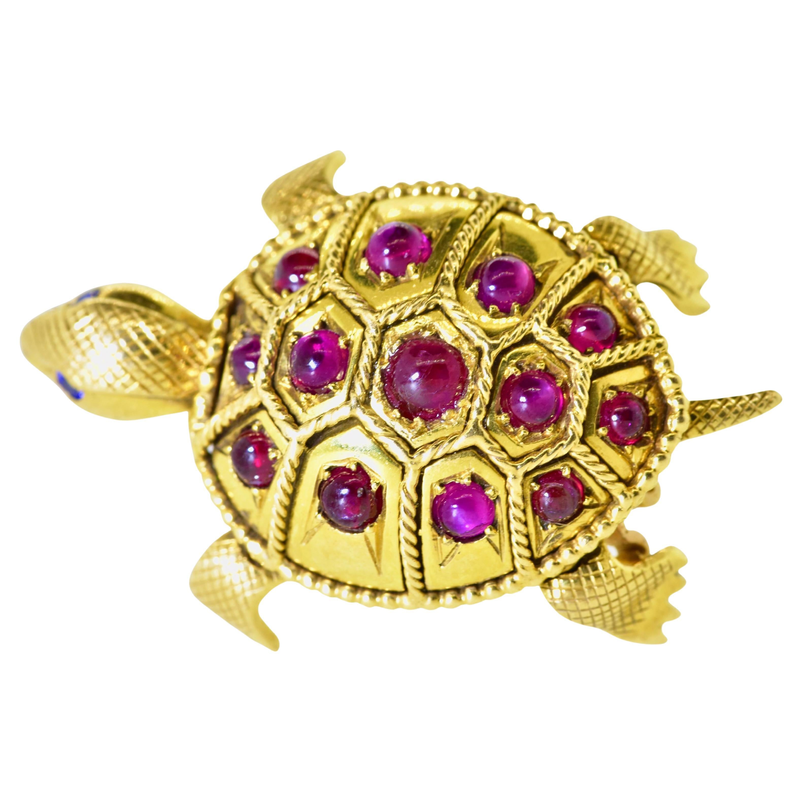 Cabochon French Turtle with Burma Ruby & 18K Yellow Gold Double Clip Brooch, C. 1950