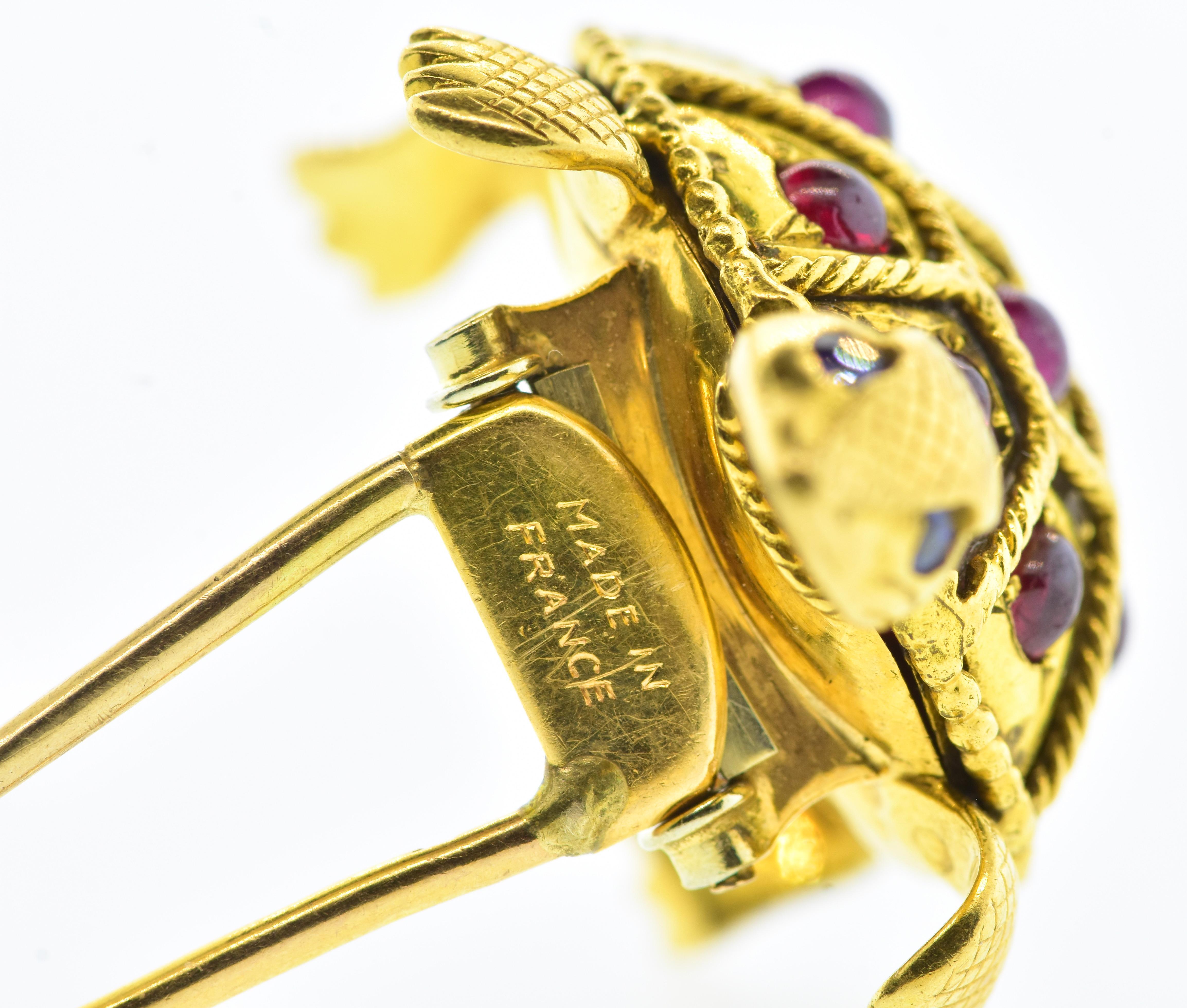Women's French Turtle with Burma Ruby & 18K Yellow Gold Double Clip Brooch, C. 1950