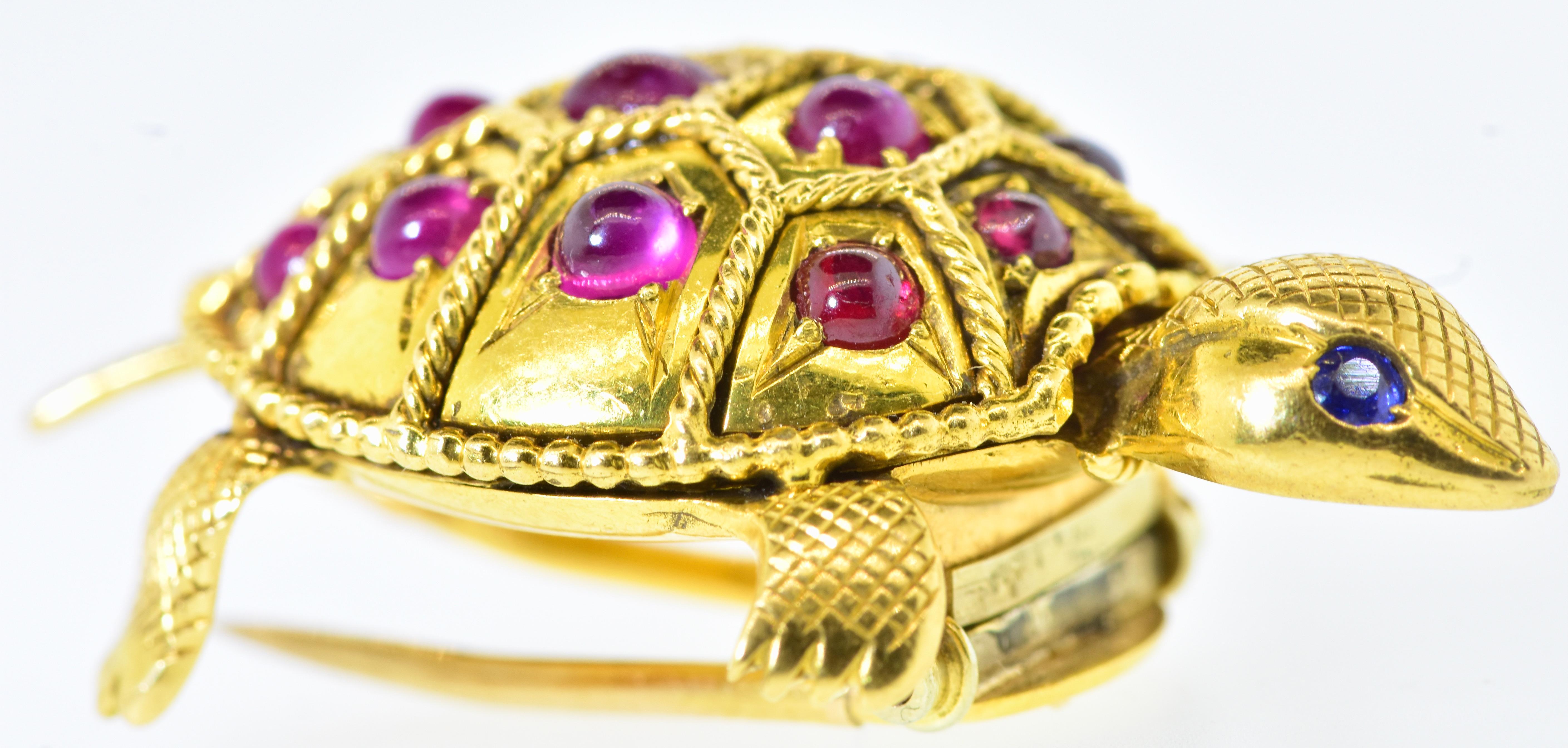 French Turtle with Burma Ruby & 18K Yellow Gold Double Clip Brooch, C. 1950