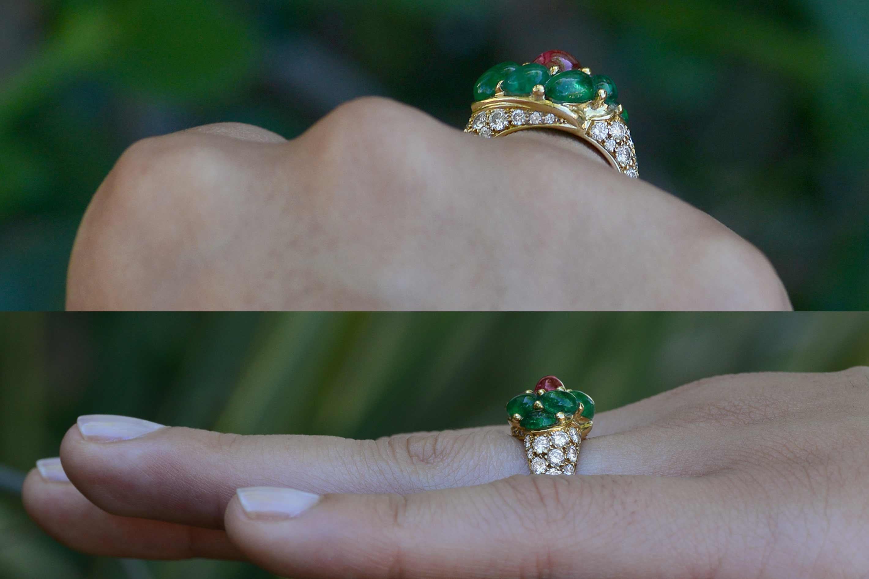Art Deco French Tutti Fruti Cocktail Ring Emerald Ruby Cluster Pave' Diamond Band