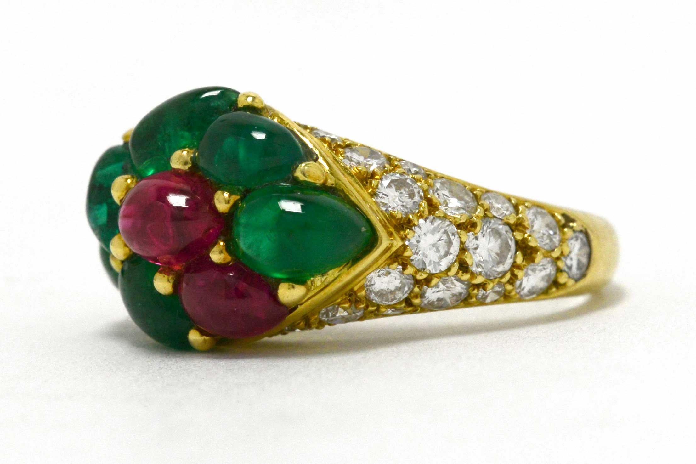 Pear Cut French Tutti Fruti Cocktail Ring Emerald Ruby Cluster Pave' Diamond Band