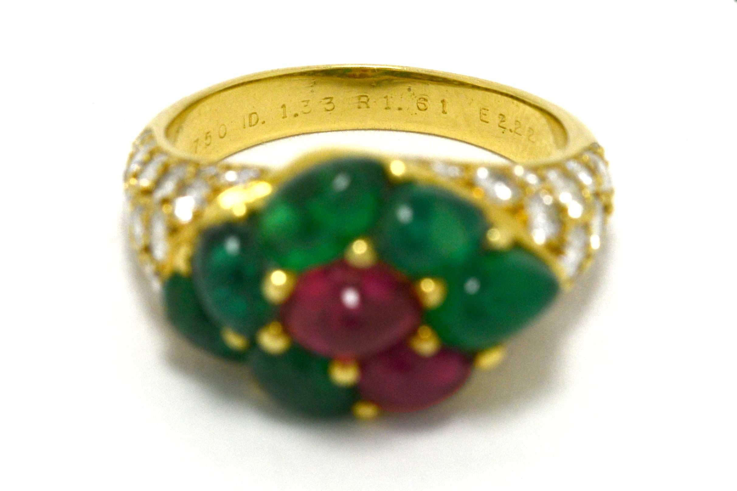 French Tutti Fruti Cocktail Ring Emerald Ruby Cluster Pave' Diamond Band In Good Condition In Santa Barbara, CA