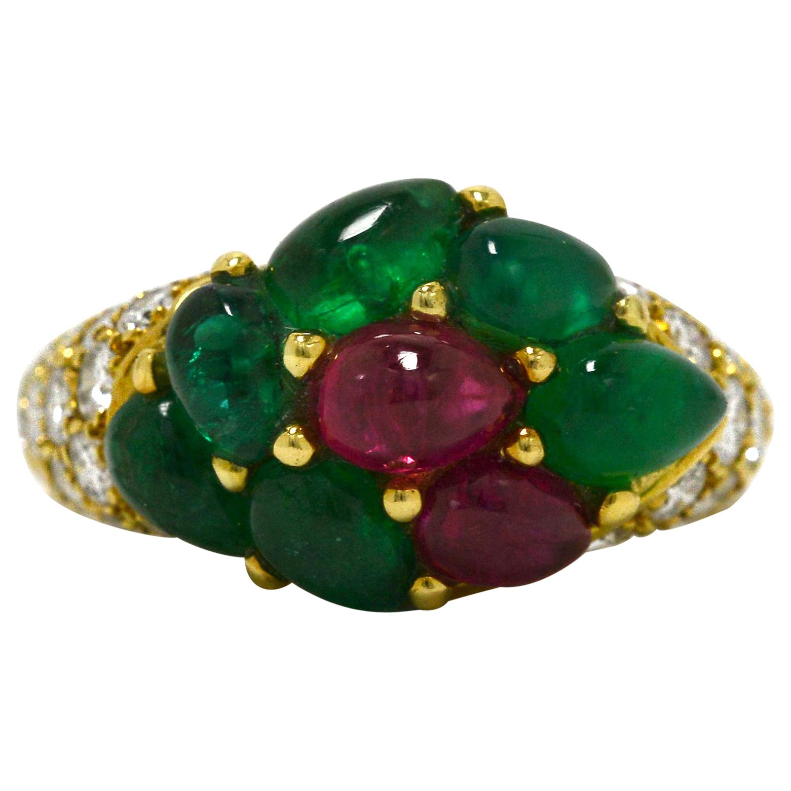 French Tutti Fruti Cocktail Ring Emerald Ruby Cluster Pave' Diamond Band