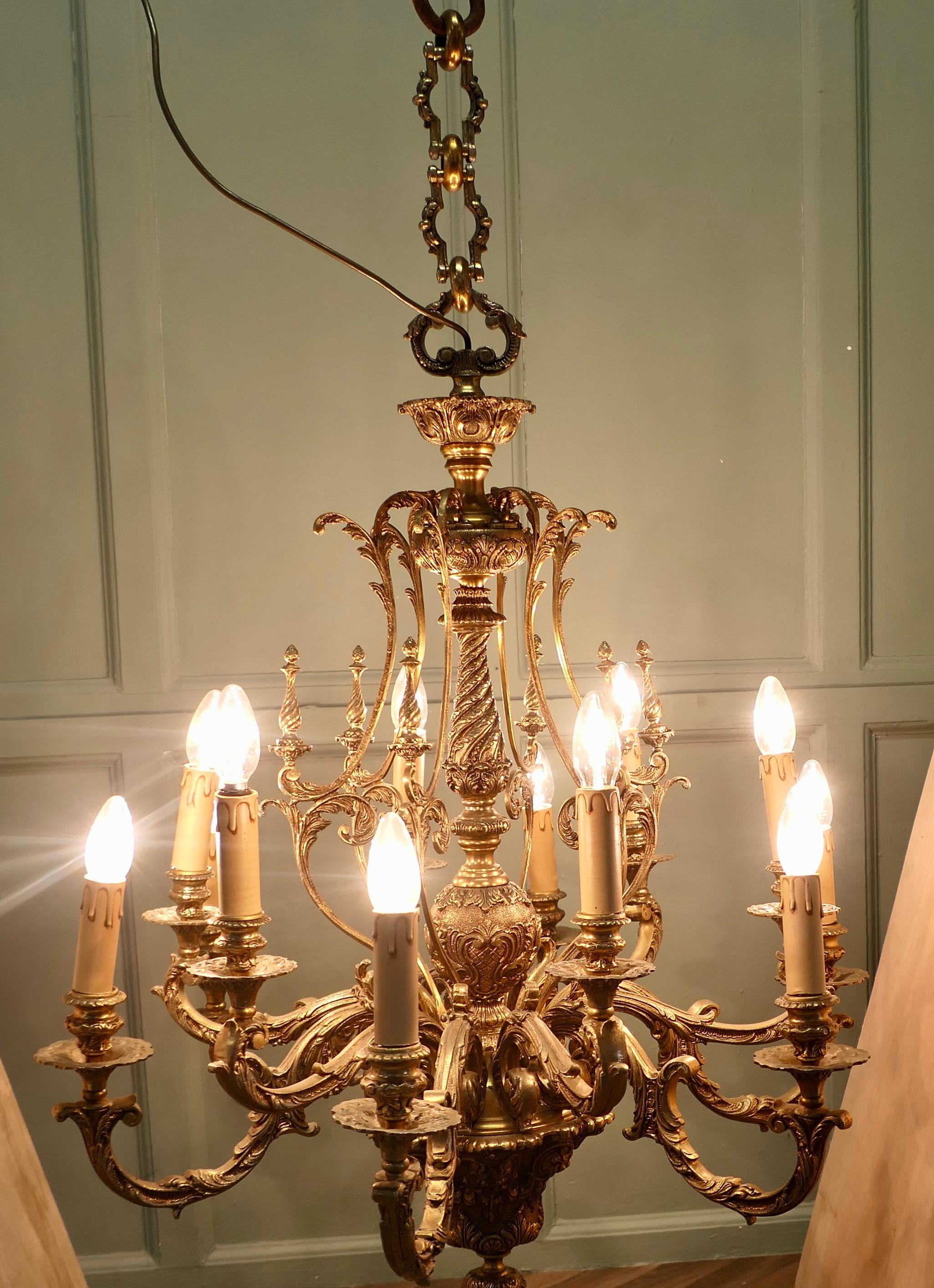 French Twelve Branch Two Tier Gilded Brass Chandelier For Sale 2