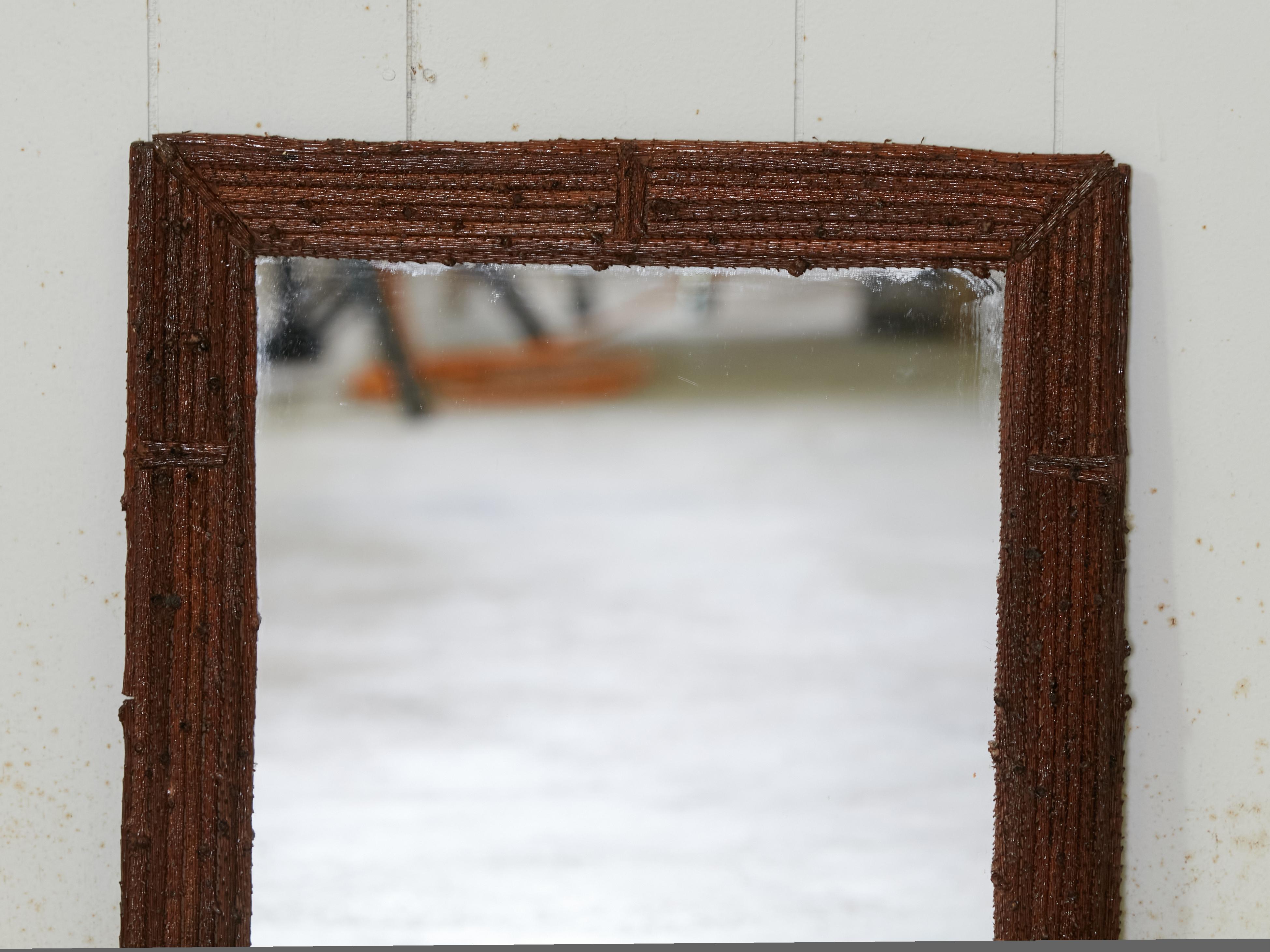 Folk Art French Twig Style Turn of the Century Tramp Art Mirror with Dark Brown Patina