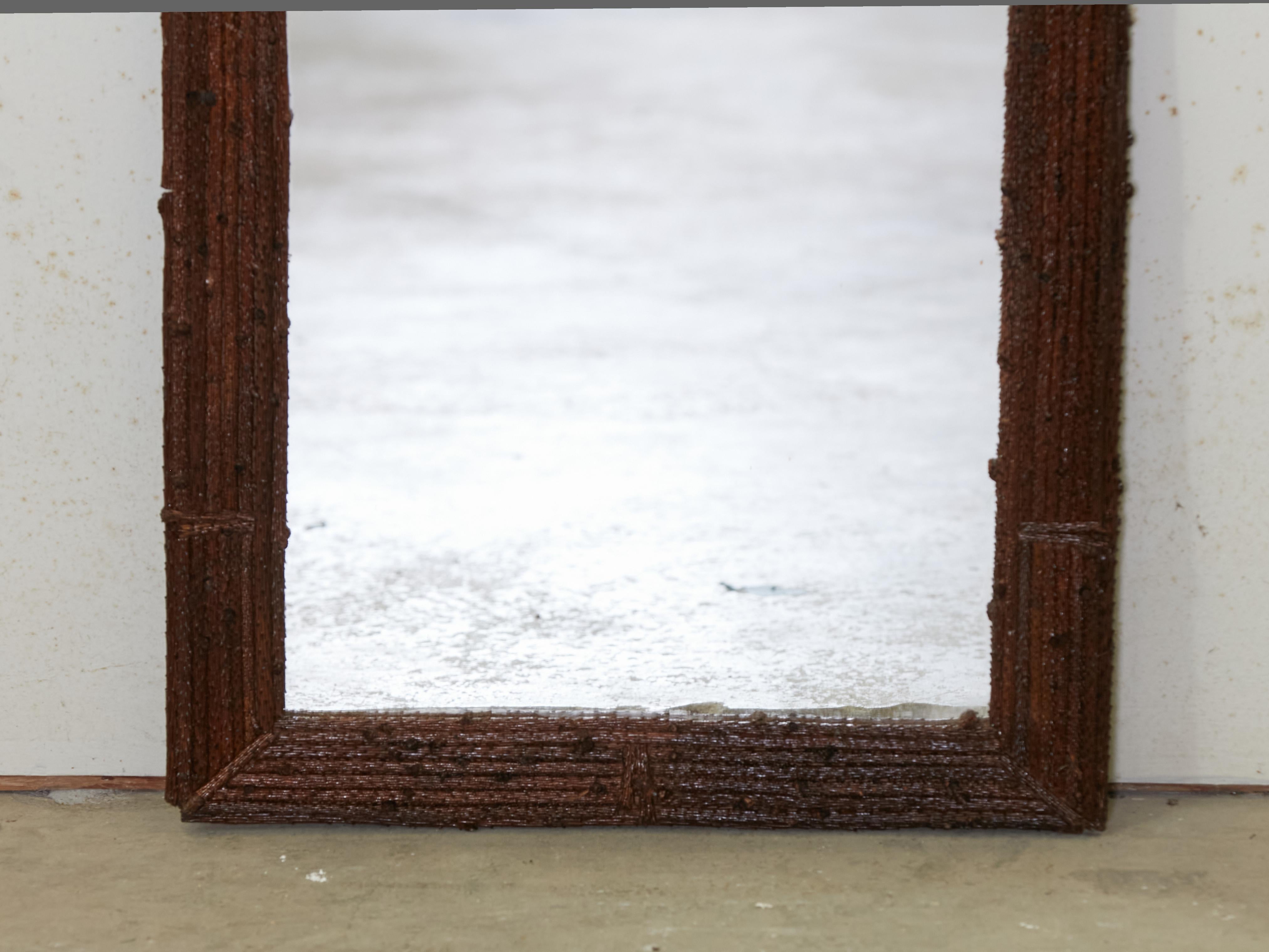 French Twig Style Turn of the Century Tramp Art Mirror with Dark Brown Patina In Good Condition In Atlanta, GA