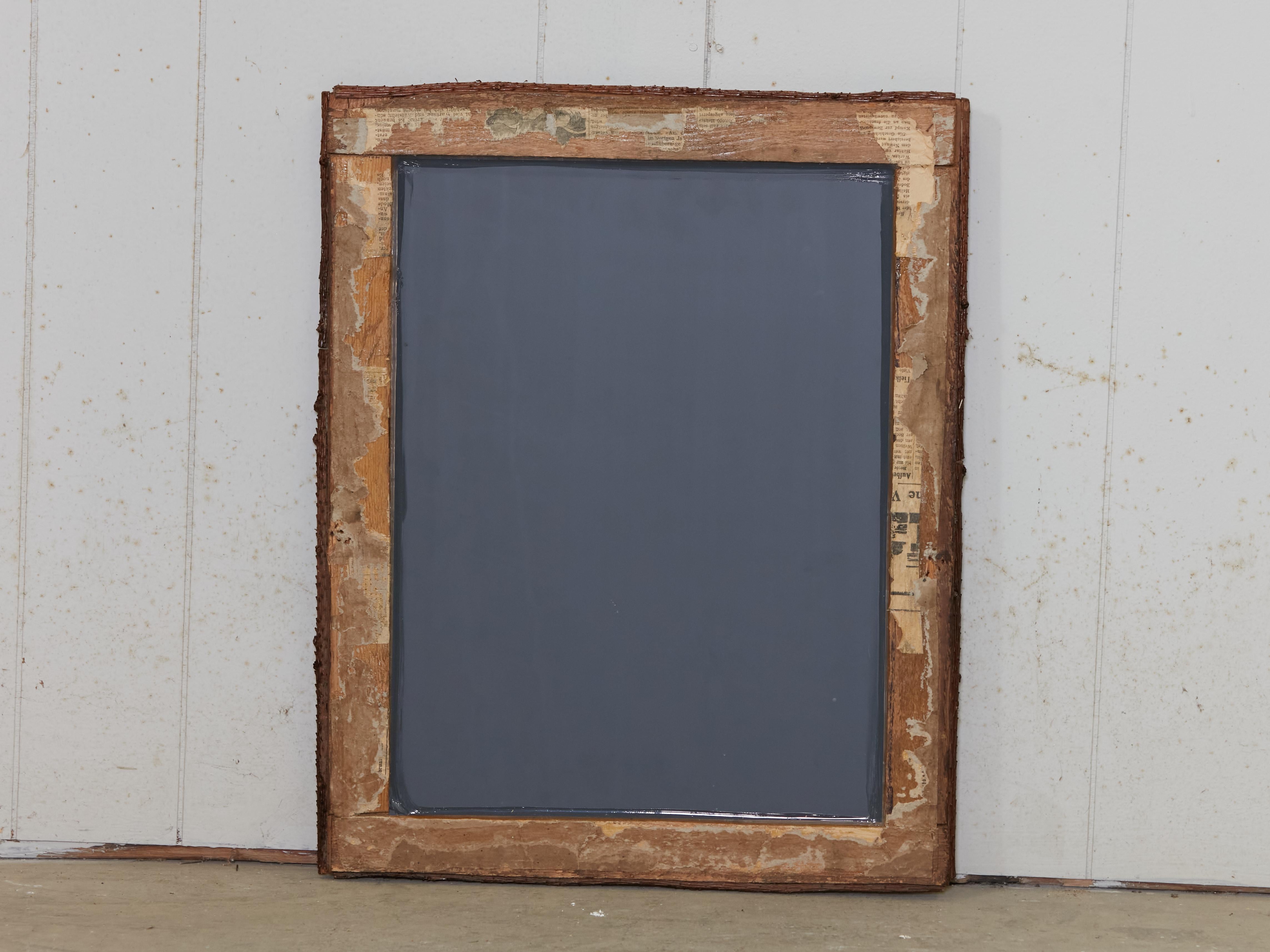 20th Century French Twig Style Turn of the Century Tramp Art Mirror with Dark Brown Patina