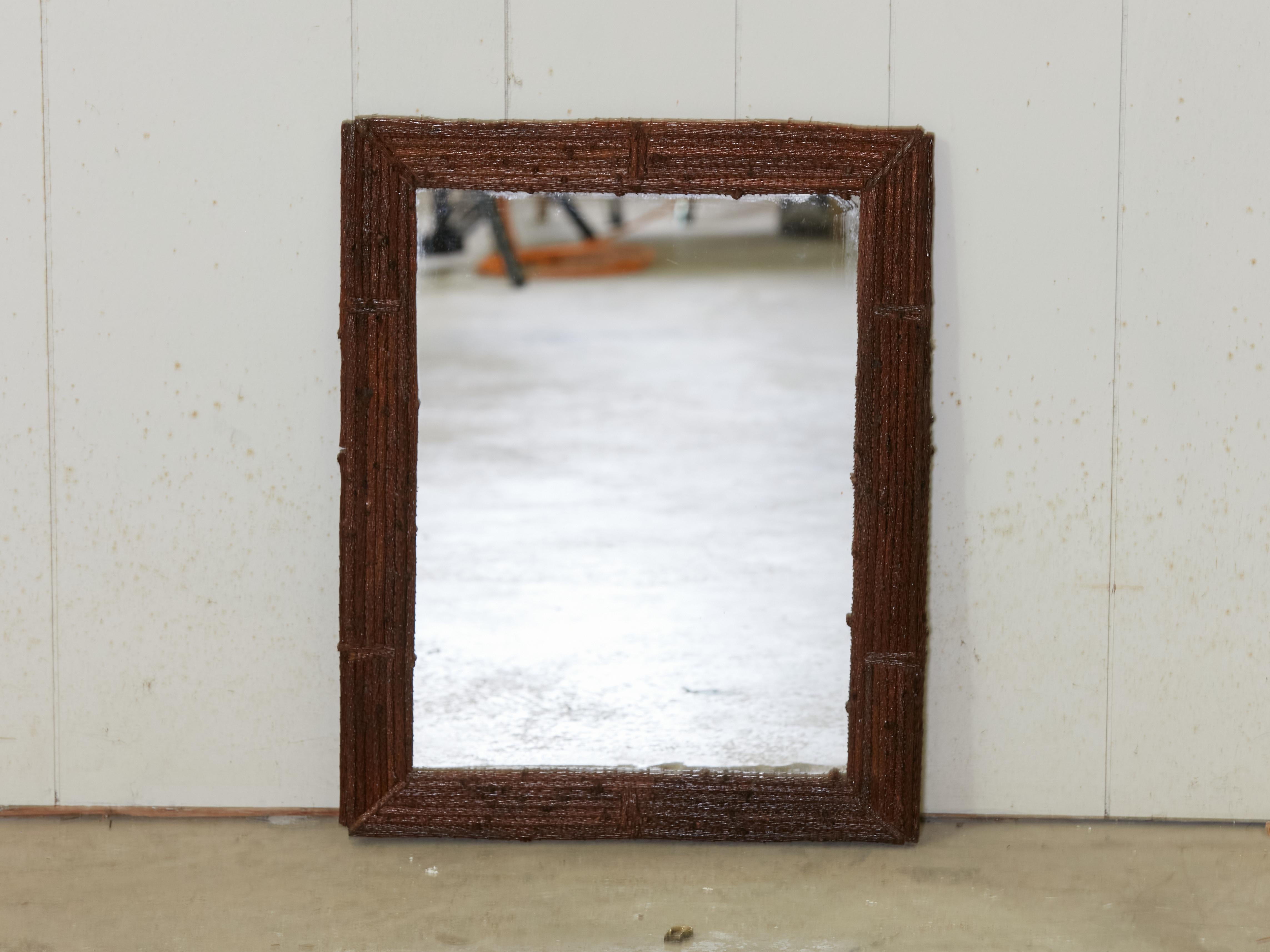French Twig Style Turn of the Century Tramp Art Mirror with Dark Brown Patina 3