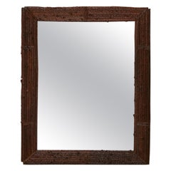 Antique French Twig Style Turn of the Century Tramp Art Mirror with Dark Brown Patina