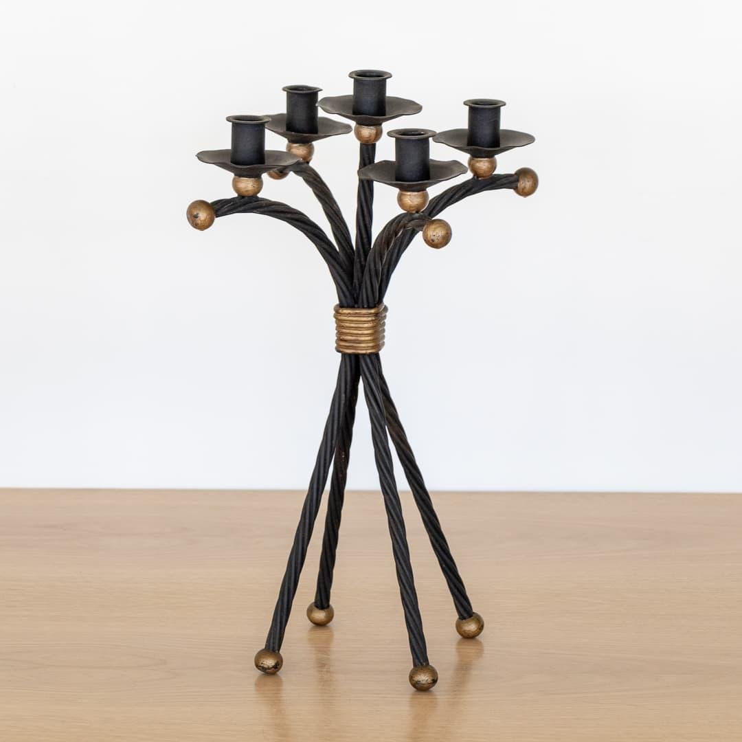 20th Century French Twisted Iron 5-Arm Candelabra 