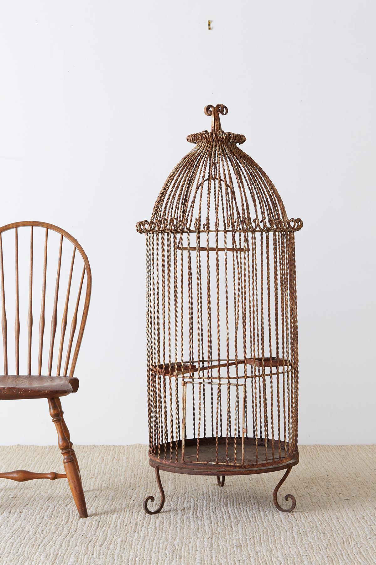 Rustic French Twisted Wrought Iron Standing Bird Cage