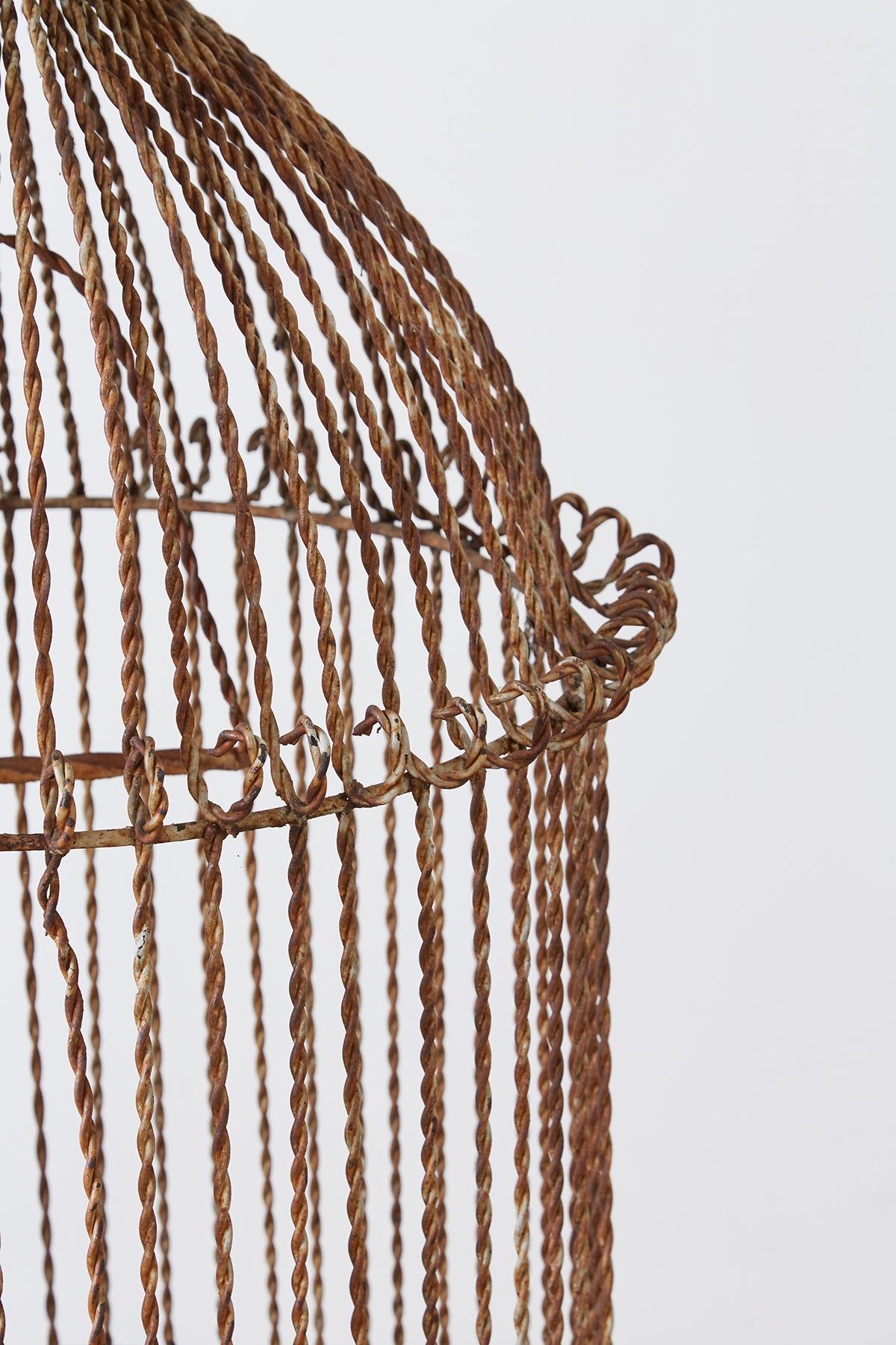 20th Century French Twisted Wrought Iron Standing Bird Cage