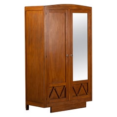 French Two-Door Light Oak Armoire with Croisillon Panels and Mirror, 1940s